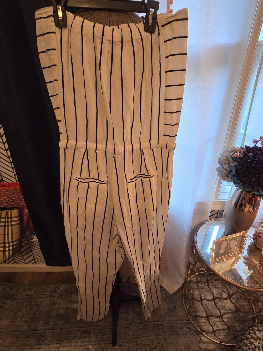 LOFT Cream Strapless Vertical-Stripe Jumpsuit